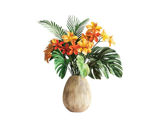 Obraz premium A vibrant arrangement of orange and yellow flowers in a decorative vase, complemented by lush green leaves, set. isolated on white background and transparent background