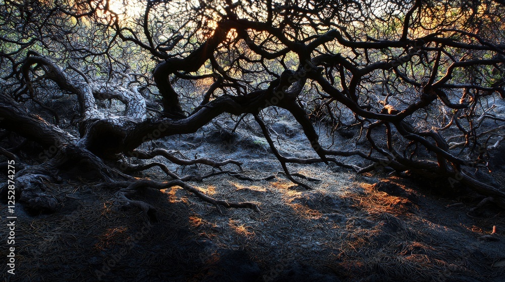 Aufkleber intricate shadows of trees interwoven in a tranquil forest setting during sunset nature photography 