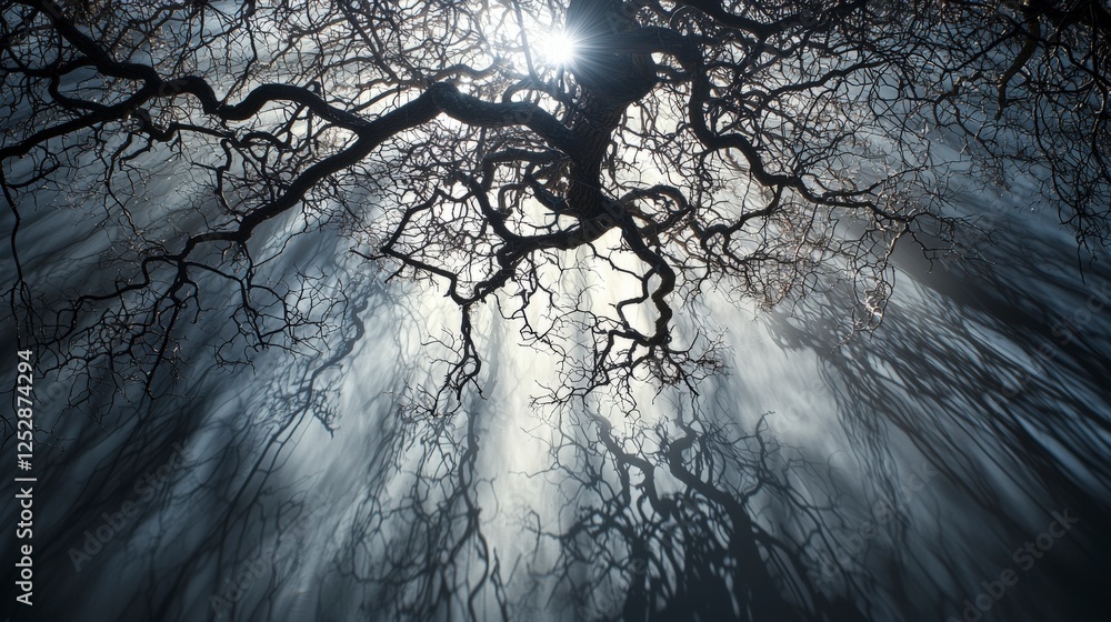 Poster interwoven shadows of trees creating beautiful patterns enchanted forest nature photography mystical