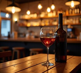 Naklejka premium Wine Glass & Bottle on Wooden Table - Night Cafe Ambiance