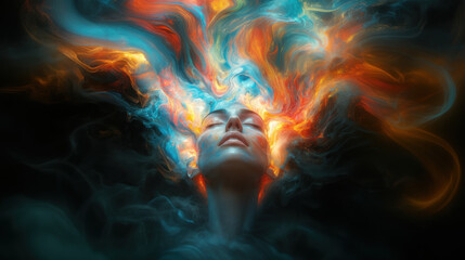 Fototapeta premium Close-up portrait of a woman with vibrant multicolored hair showcasing artistic expression and beauty against a blurred background