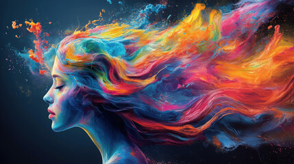 Close-up portrait of a woman with vibrant multicolored hair showcasing artistic expression and beauty against a blurred background