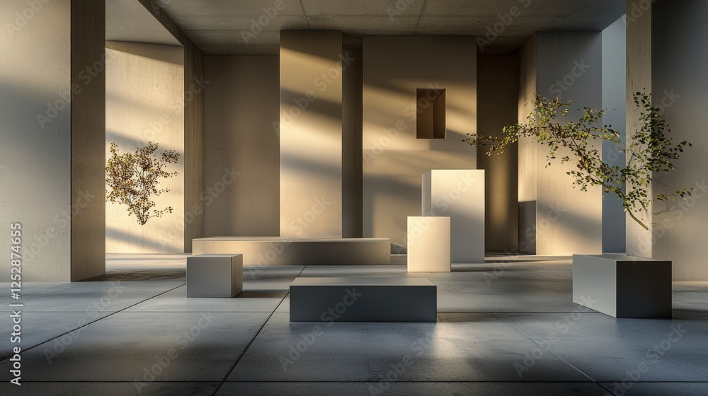 Poster dynamic geometric shapes casting shadows in minimalist interior space modern design artistic explora