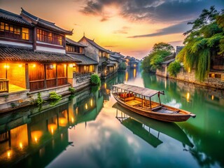 Fototapeta premium Ancient Xitang Town, China: Serene Riverboat at Dusk