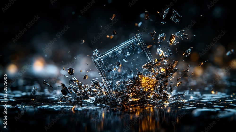 Poster fragmented square shattering dark studio abstract photography dynamic environment close-up conceptua