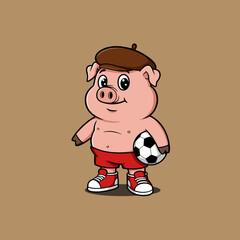 Cute Pig Cartoon Character Playing Soccer