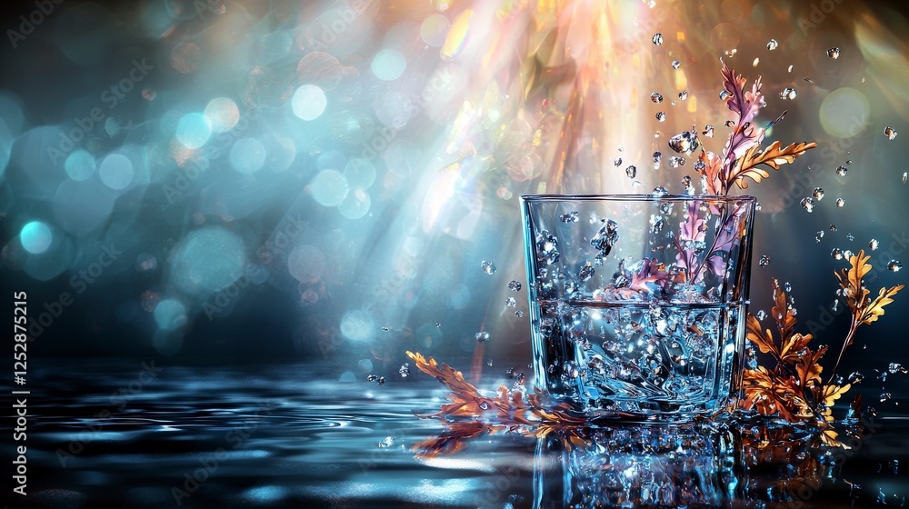Poster gentle reflection of light on water glass with splashes abstract art serene environment close-up vie