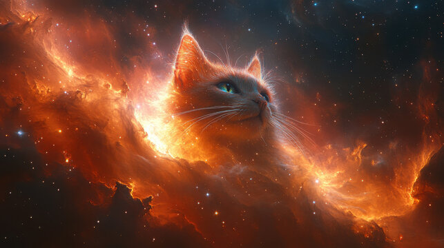 Cosmic cat nebula reveals a giant ethereal feline floating amid vibrant cosmic colors and swirling gases in a captivating universe