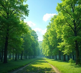 Obraz premium Sunlit Deciduous Forest Panorama