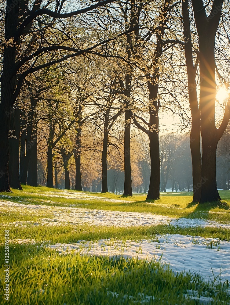 Aufkleber budding trees and melting snow creating a tranquil landscape. generative ai