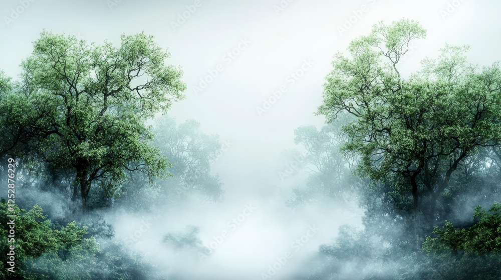 Poster minimalist abstract forest canopy interpretation serene nature scene digital art foggy environment t