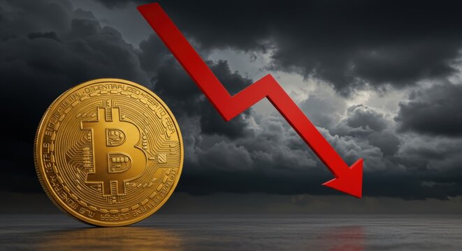 Bitcoin market decline: cryptocurrency downtrend with red arrow and dark clouds