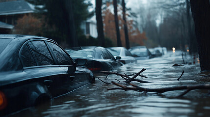 A powerful flood sweeps through a residential area, carrying broken branches and debris past rows of cars submerged up to their windows.