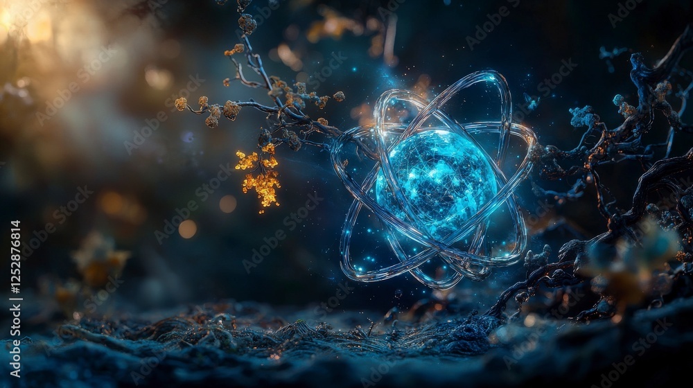 Poster Atoms containing hidden universes discovering micro worlds of science nature and technology surreal environment macro view