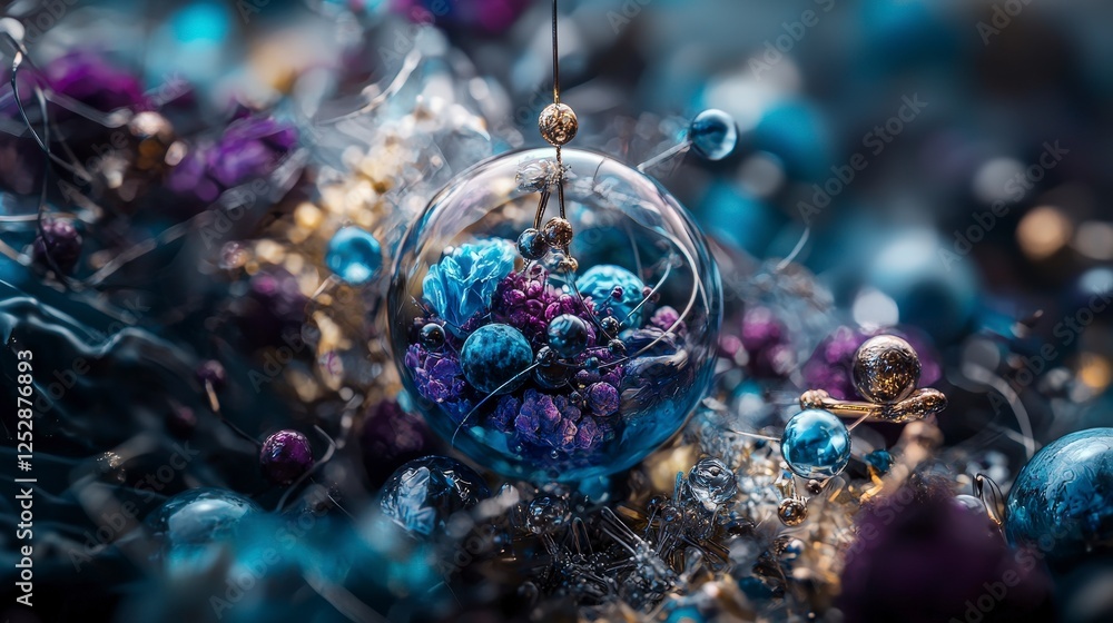 Poster microcosmic atoms hiding within glimmering orbs abstract setting digital art close-up view intricate