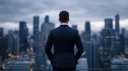 Fototapeta premium Businessman overlooking a city skyline at dusk