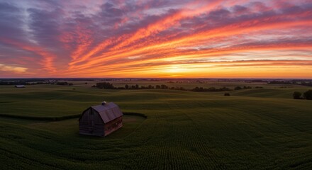 Breathtaking sunset over rural landscape with dramatic sky and rustic barn