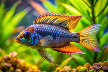 Fototapeta premium Apistogramma cacatuoides, Kakadu Dwarf Cichlid Fish in Vibrant Aquarium Setting