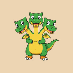 Adorable Three-headed Dragon Cartoon Illustration