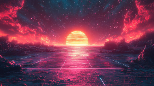 Retro grid background featuring neon lines creating a vibrant 80s inspired digital landscape at dusk