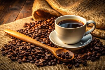 Rustic coffee set: white cup, beans, spoon, and sack.