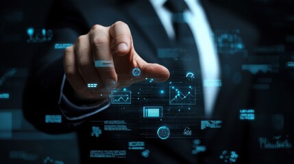 Business professional interacting with digital data interface