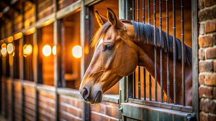 Fototapeta premium Bokeh-blurred stable window, revealing a lonely brown horse.
