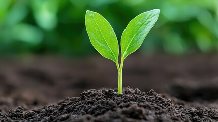 Fototapeta premium Young sprout growing in rich soil, green background, new life, environmental concept