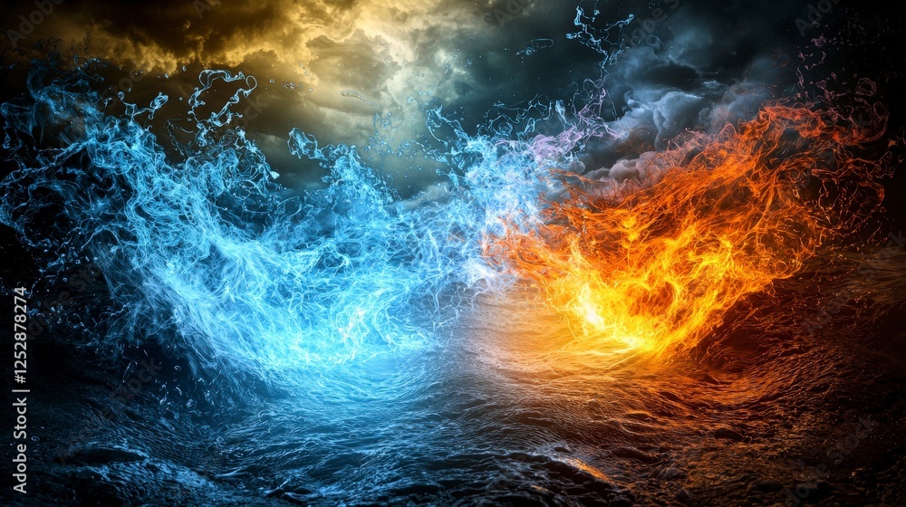 Aufkleber Dynamic collision of water and fire elements ocean view digital art abstract concept fantasy environment