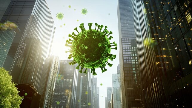 Urban landscape with giant virus illustration overlaying skyscrapers during daylight hours