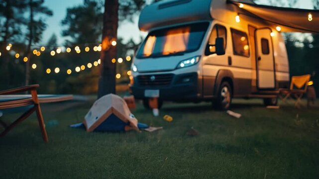 Campsite Serenity: A cozy campervan is parked at a tranquil campsite at dusk, string lights glowing warmly in the background, creating a peaceful and inviting atmosphere.