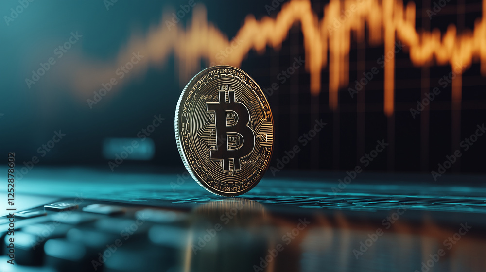 Aufkleber a single bitcoin coin standing upright on a financial growth chart, with an old-school calculator di