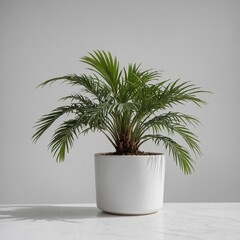 A small potted palm plant with slender leaves, set against a pure white backdrop.