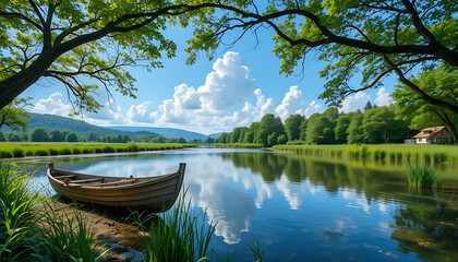 Obraz premium Serene Riverside Landscape with Wooden Boat and Lush Greenery