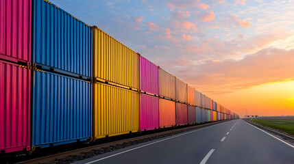 Colorful shipping containers on train, sunset highway