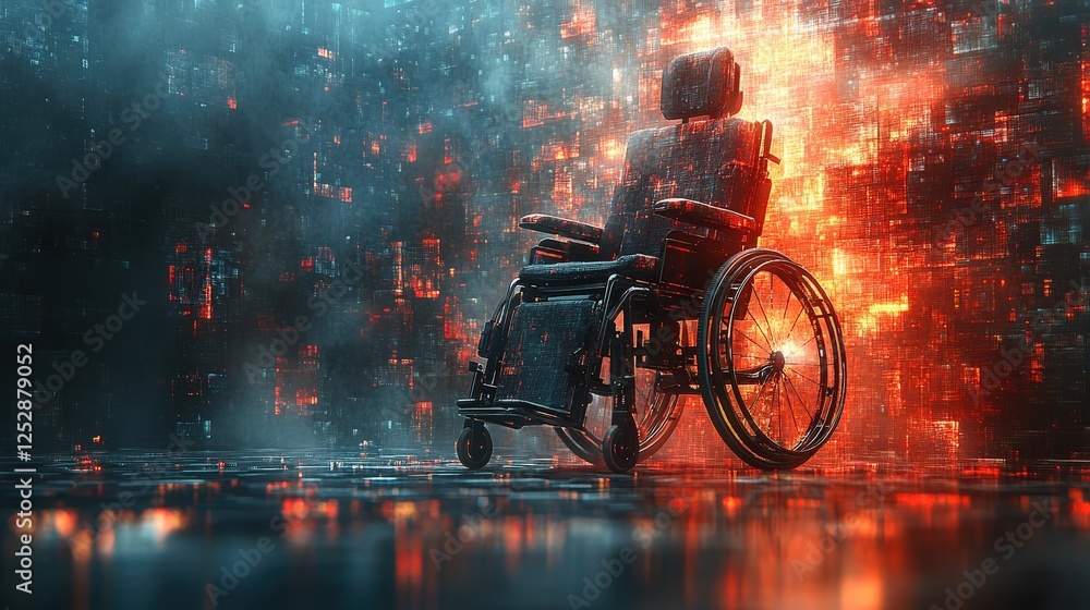 Poster futuristic empty wheelchair illuminated by vibrant digital lights in a high-tech environment