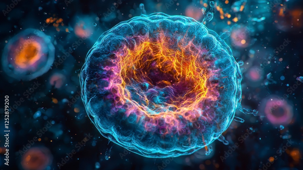 Poster colorful abstract representation of cell structure vibrantly illuminated with neon colors and partic