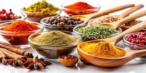 Fototapeta premium Aromatic Spices: Colorful Close-up of Cinnamon, Turmeric, and Chili in Wooden Spoons and Glass Bowls on White