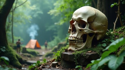 A human skull rests on moss-covered stones in a tranquil forest, a lone tent and distant figures suggesting a camping scene, creating a juxtaposition of life and mortality amidst the serene greenery.