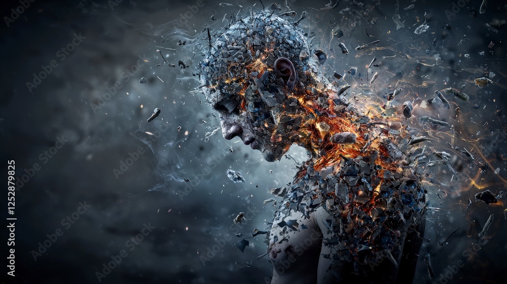 Poster Fragmented self portrait abstract concepts digital art dark environment side view exploring identity and chaos
