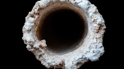 Close-up view of a hollow, textured tube. Macro photography of a natural mineral sample. Potential use as a natural element graphic element.