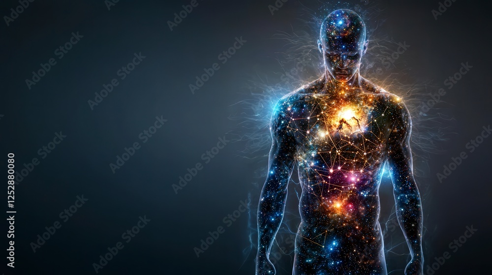 Poster glowing cosmic energy within a human body abstract art dark background artistic viewpoint concept of