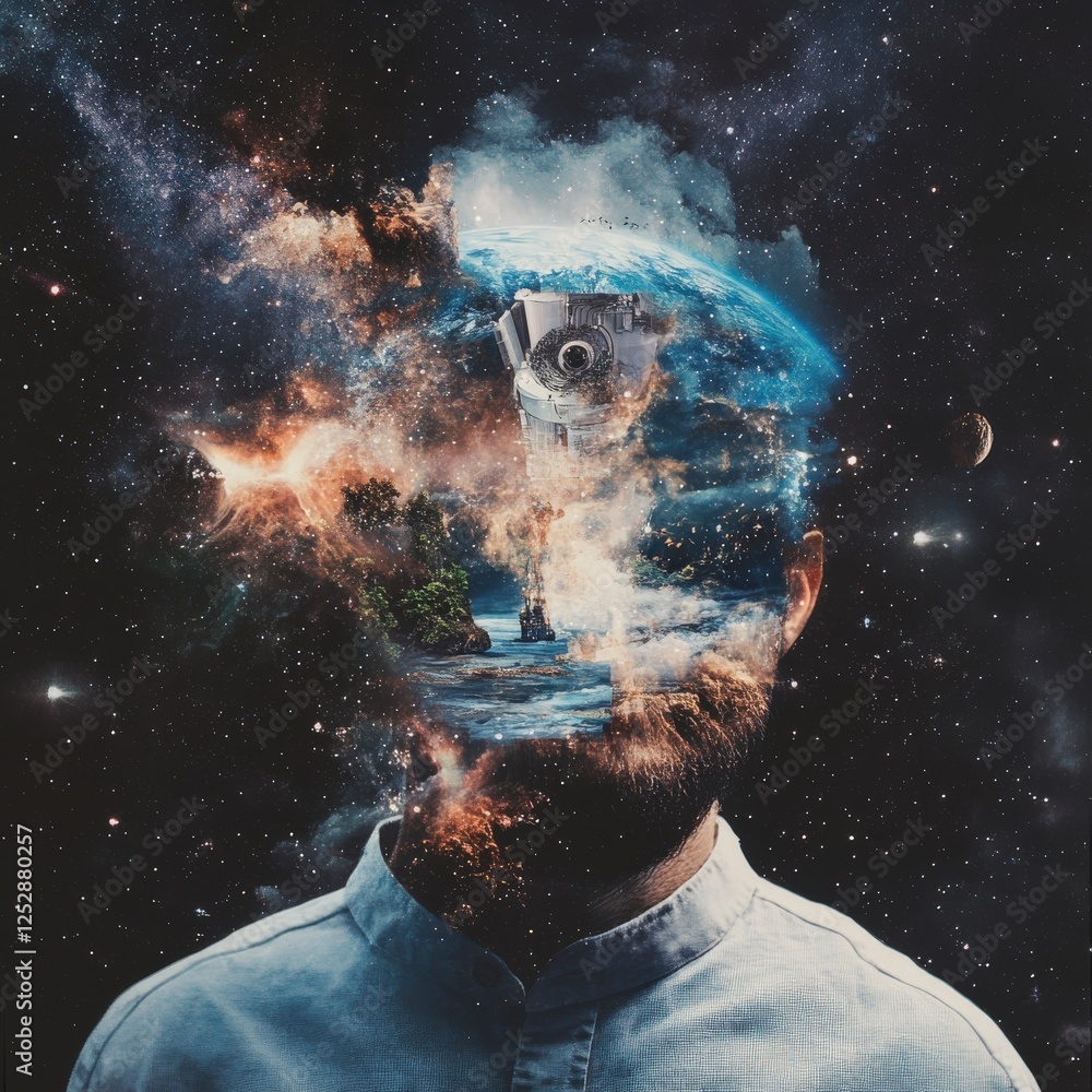 Poster Exploring consciousness through cosmic imagery digital artwork surreal environment abstract viewpoint mind and universe