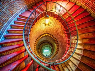Lighthouse aerial: red railing spiral staircase.