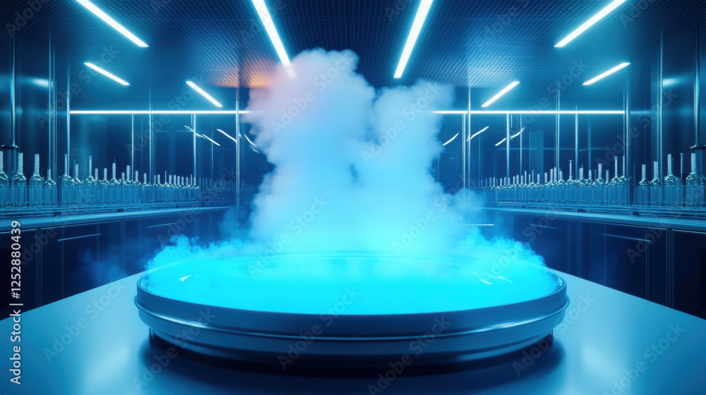 Poster lab laboratory, futuristic cryogenics lab showcasing suspended animated elements in high fidelity.