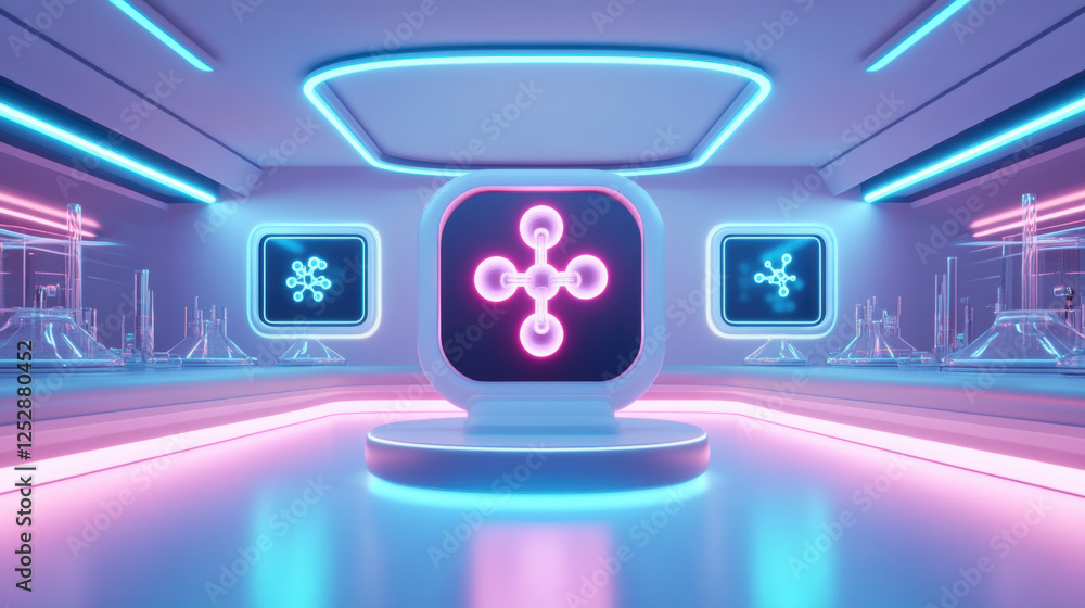 Poster lab laboratory, a futuristic lab featuring floating digital interfaces, showcasing high fidelity and