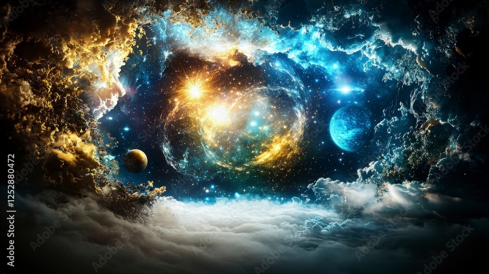 Aufkleber thoughts creating a universe cosmic imagery of celestial bodies and vibrant galaxies in a dreamlike 