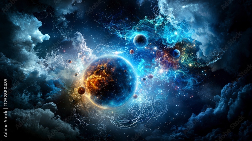 Poster Thoughts creating a universe cosmic imagery of planets and stars in vibrant colors amidst celestial clouds