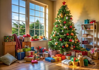 Obraz premium A Rustic Christmas Tree & Donated Gifts: Documentary Style Photo of Charitable Giving