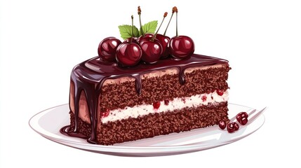 Chocolate cake slice with cherries, dessert, white plate, studio shot, food photography